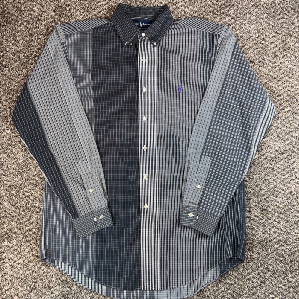 Ralph Lauren Mens Large Classic Fit Multi Pattern Patchwork Check Shirt Grey L